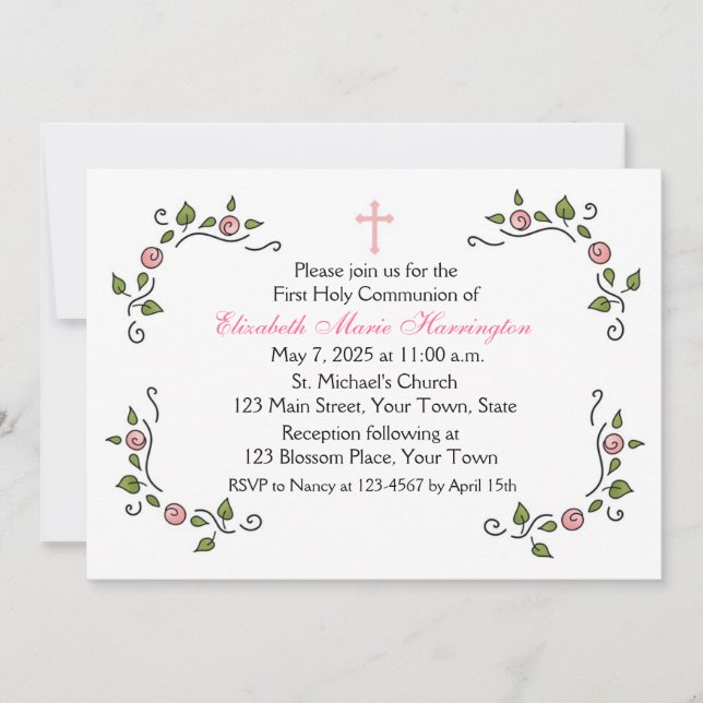 Invitación Esquinas florales rosas, religiosas (Anverso)