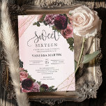 Invitación Esquinas florales Rubor y burdeos Dieciséis<br><div class="desc">Esquinas florales de Rubor y burdeos Buena dieciséis invitación, diseño de Stunning boho para tu papelería de eventos: flores acuarelas de moda ramo con rosas de marsala de color rojo profundo rosas de color negro y borgoña flores mauve mezcladas rosas de mora módica peonías flores rosas polvorientas mezcladas y trenzadas...</div>