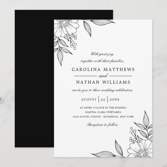 Invitación Esquinas florales simples elegantes Boda negro (Anverso / Reverso)