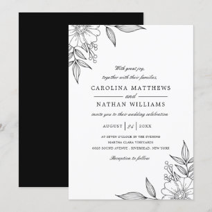 Invitación Esquinas florales simples elegantes Boda negro