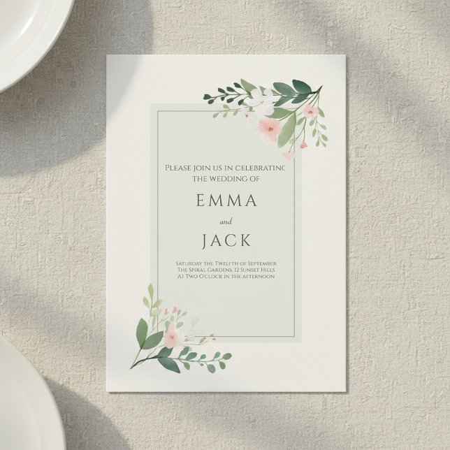 Invitación Esquinas florales suaves Boda elegante verde beige (Soft Floral Corners Green Beige Elegant wedding Invitation.)