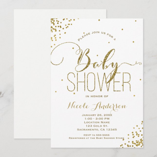 Invitación Esquinas Purpurinas de Glam Blanco y Oro BABY SHOW (Anverso / Reverso)