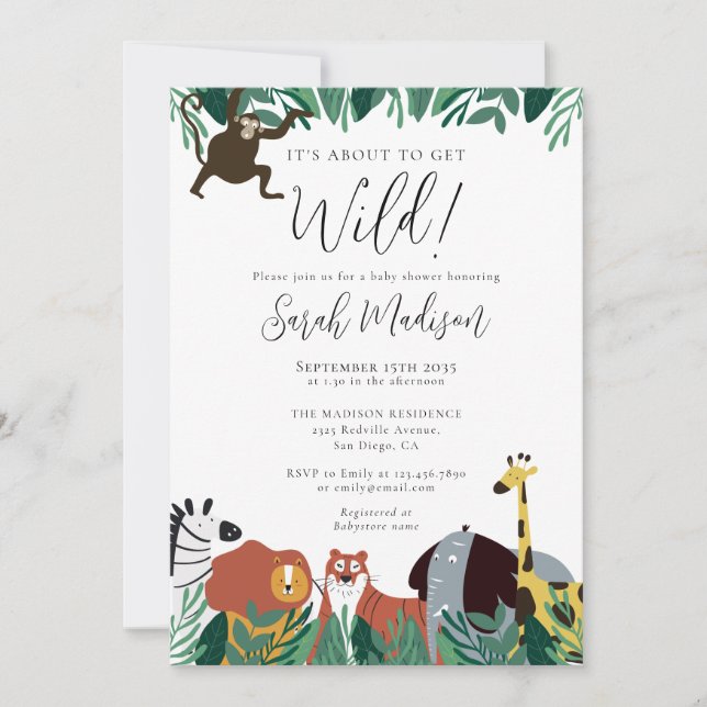 Invitación Está A Punto De Conseguir Baby Shower De Animales  (Anverso)