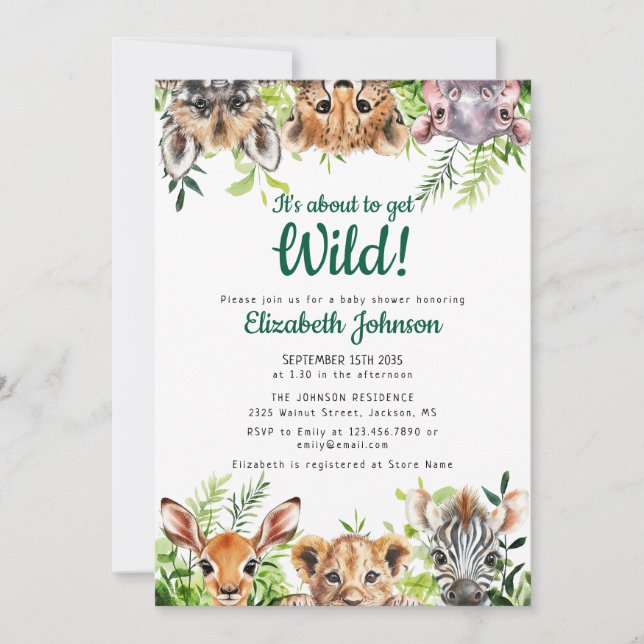 Invitación Está a punto de conseguir Baby Shower de animales  (Anverso)