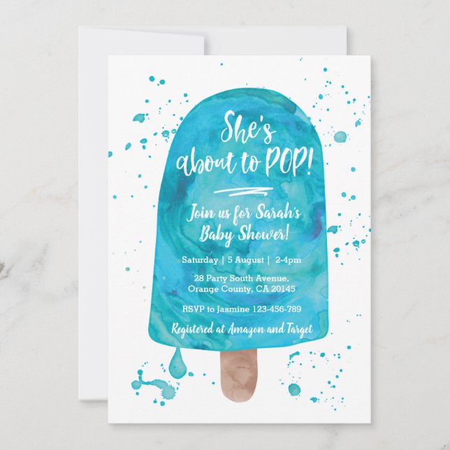 Invitación Está a punto de invitar a Baby Shower azul POP (Anverso)