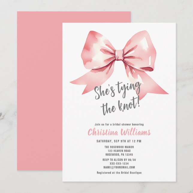 Invitación Está atando el nudo Watercolor Pink Bridal Shower (Anverso / Reverso)