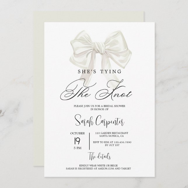 Invitación Está atando la ducha de novias Knot Beige Bow (Anverso / Reverso)