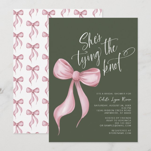 Invitación Está atando la ducha verde de novias Rosa Knot (Anverso / Reverso)
