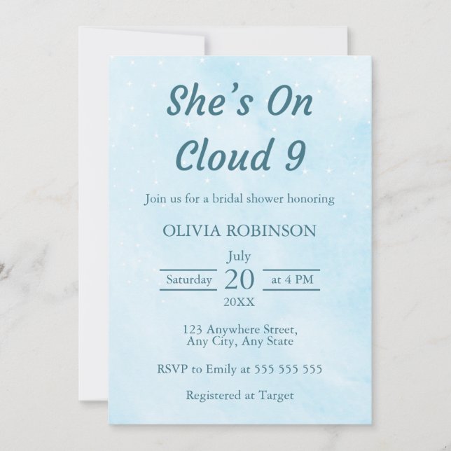 Invitación Está en la nube 9 Dreamy Sky Blue Bridal Shower (Anverso)