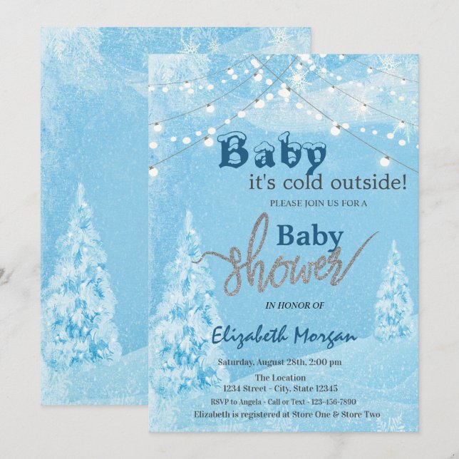 Invitación Está frío afuera Baby Shower Bosque Invernal (Anverso / Reverso)