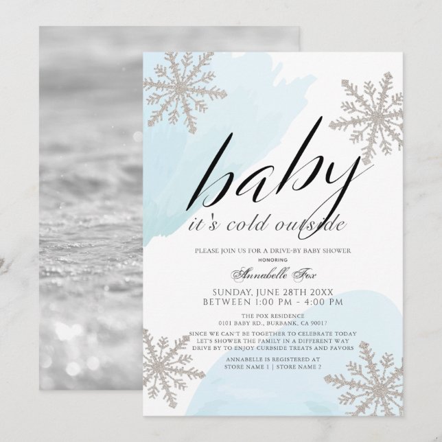 Invitación Está frío fuera de la unidad azul Baby Shower (Anverso / Reverso)