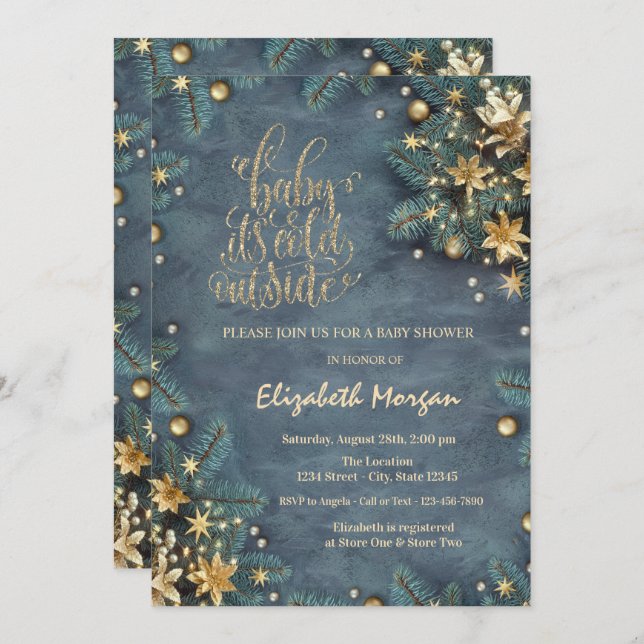 Invitación Está frío fuera de las ramas de pinos Baby Shower (Anverso / Reverso)