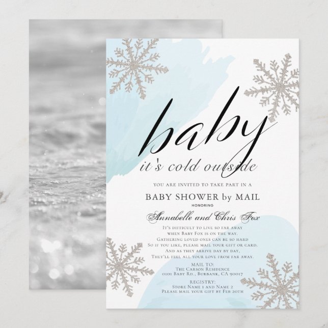Invitación Está frío fuera del Baby Shower azul por correo (Anverso / Reverso)