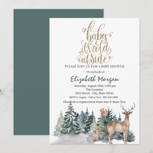 Invitación Está frío fuera del Baby Shower verde de renos (Anverso / Reverso)