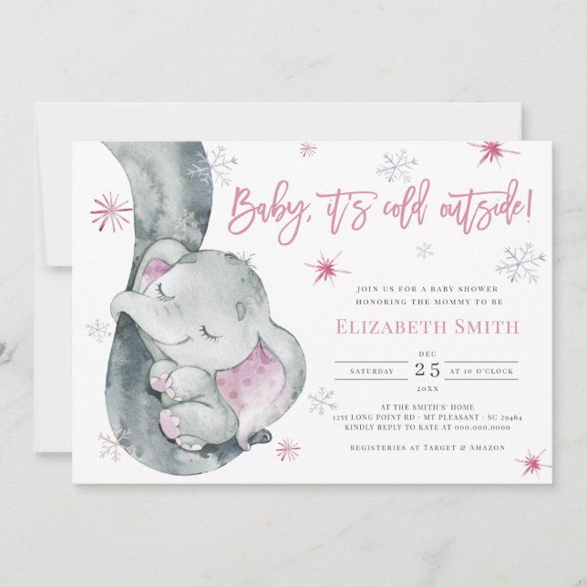 Invitación Está frío fuera del Elefante Chica de Invierno Bab (Anverso)