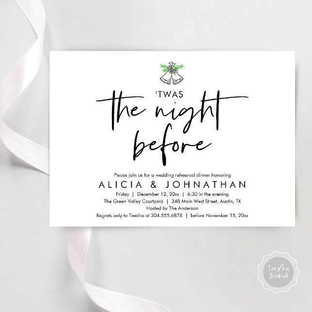 Invitación Esta fue la noche anterior, Boda ensayó la cena (Twas The Night Before Wedding Rehearsal Dinner Party Invites Card mistletoe wedding bell black white)