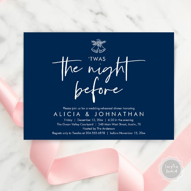 Invitación Esta fue la noche anterior, Boda ensayó la cena (Twas The Night Before Wedding Rehearsal Dinner Party Invites Card mistletoe wedding bell navy blue)
