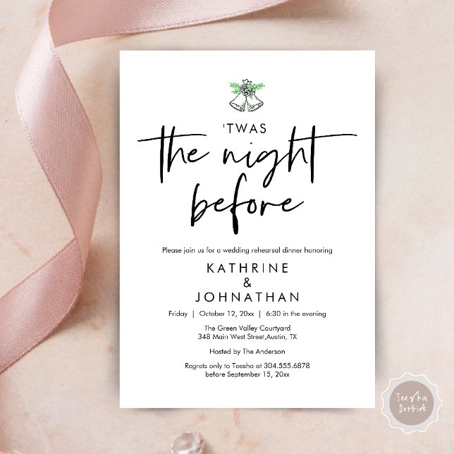 Invitación Esta Fue La Noche Antes De La Cena Del Ensayo Del  (Twas The Night Before Wedding Rehearsal Dinner Party Invites Card mistletoe wedding bell black white)