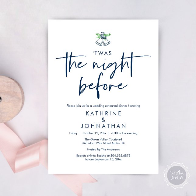 Invitación Esta Fue La Noche Antes De La Cena Del Ensayo Del  (Twas The Night Before Wedding Rehearsal Dinner Party Invites Card mistletoe wedding bell navy blue)