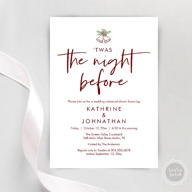 Invitación Esta Fue La Noche Antes De La Cena Del Ensayo Del  (Twas The Night Before Wedding Rehearsal Dinner Party Invites Card mistletoe wedding bell burgundy)