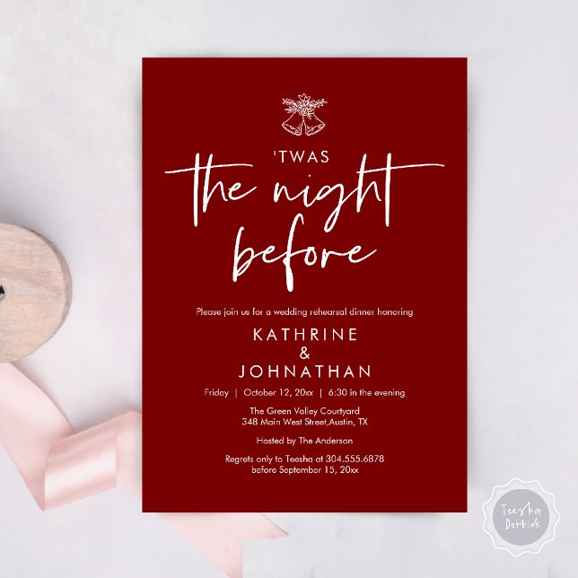 Invitación Esta Fue La Noche Antes De La Cena Del Ensayo Del  (Twas The Night Before Wedding Rehearsal Dinner Party Invites Card mistletoe wedding bell burgundy)