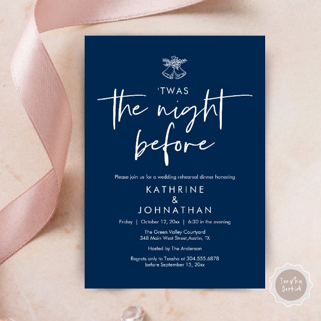 Invitación Esta Fue La Noche Antes De La Cena Del Ensayo Del  (Twas The Night Before Wedding Rehearsal Dinner Party Invites Card mistletoe wedding bell navy blue)