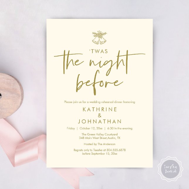 Invitación Esta Fue La Noche Antes De La Cena Del Ensayo Del  (Twas The Night Before Wedding Rehearsal Dinner Party Invites Card mistletoe wedding bell Yellow Gold)