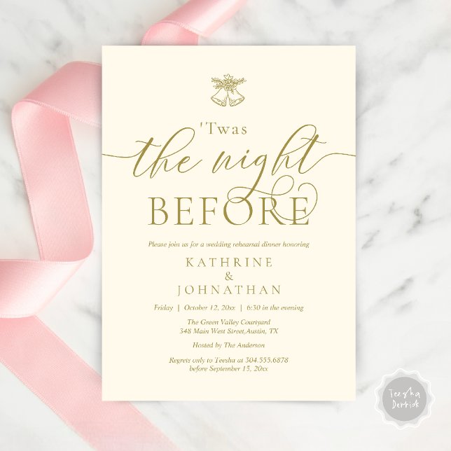 Invitación Esta Fue La Noche Antes De La Cena Moderna De Ensa (Twas The Night Before Wedding Rehearsal Dinner Party Invites Card mistletoe wedding bell Yellow Gold)