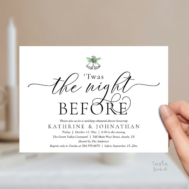 Invitación Esta Fue La Noche Antes De La Cena Moderna De Ensa ('Twas The Night Before Modern Romantic Wedding Rehearsal Dinner Invitation Card PDF Black White)