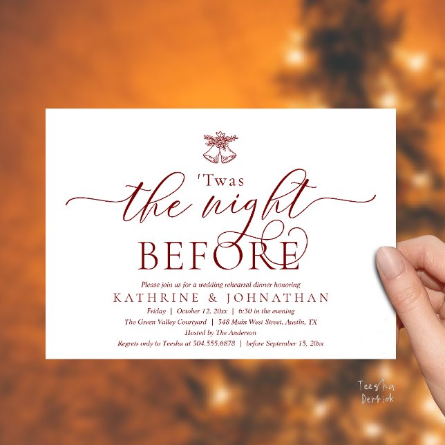 Invitación Esta Fue La Noche Antes De La Cena Moderna De Ensa ('Twas The Night Before Modern Romantic Wedding Rehearsal Dinner Invites Card PDF Burgundy Wine Red)