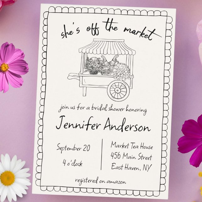 Invitación "Está fuera del mercado": Ducha de novias descorte (she's off the market farmers market theme bridal shower hand drawn quirky doodle handwritten wedding)