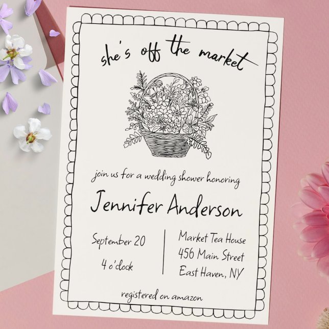 Invitación "Está fuera del mercado": Ducha de novias descorte (shes off the market bridal shower hand drawn floral bridal shower doodle scribble sketch quirky cute)