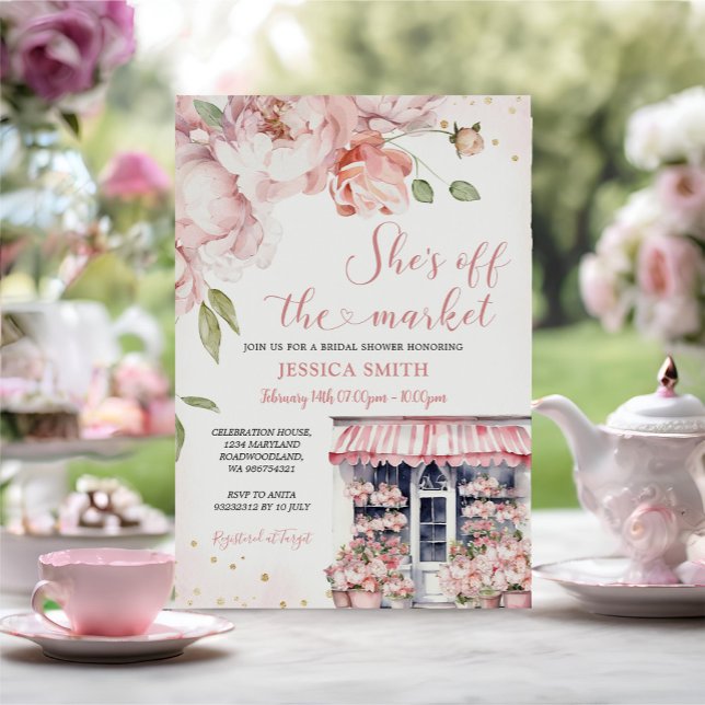 Invitación Está fuera del mercado Flores rosadas Ducha de nov (Subido por el creador)