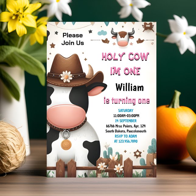 Invitación Esta granja cute floral rosada Santa vaca 1er cump (Subido por el creador)