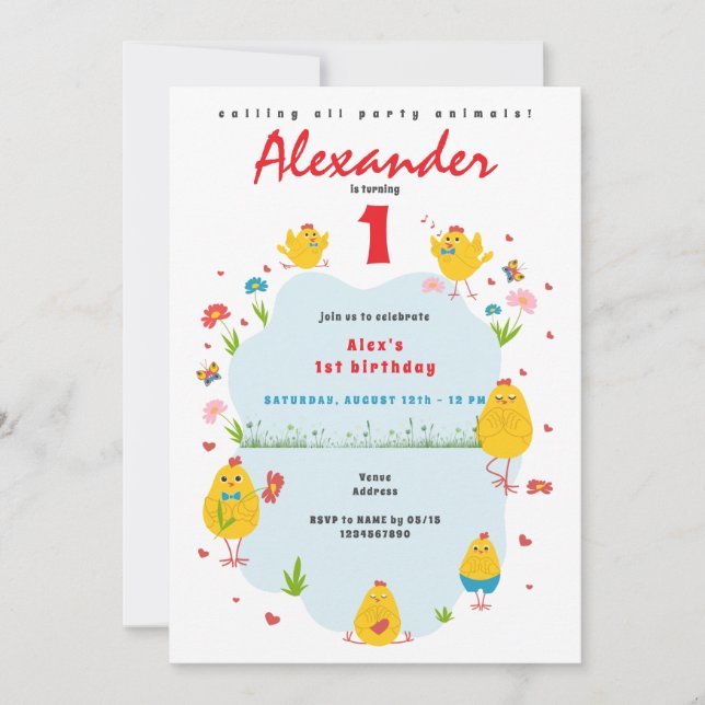 Invitación Esta granja de pollos de gallo azul cumpleaños (Anverso)