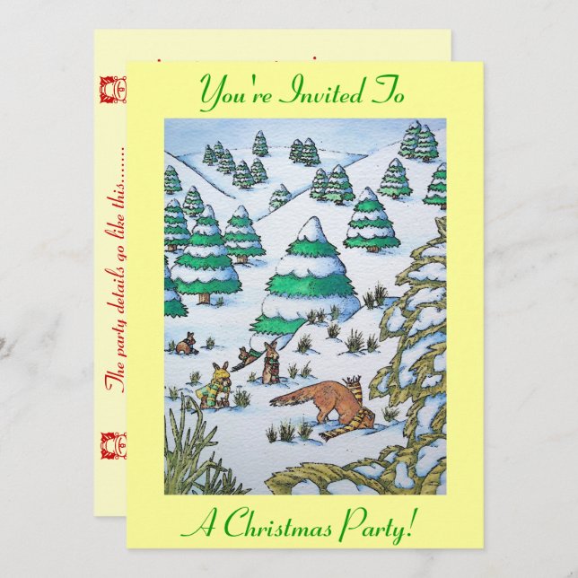 invitación estacional a la nieve de zorro y conejo (Anverso / Reverso)