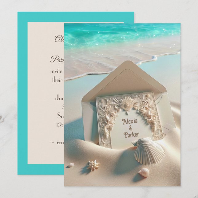 Invitación Estacionería boda En Arena De Playa (Anverso / Reverso)