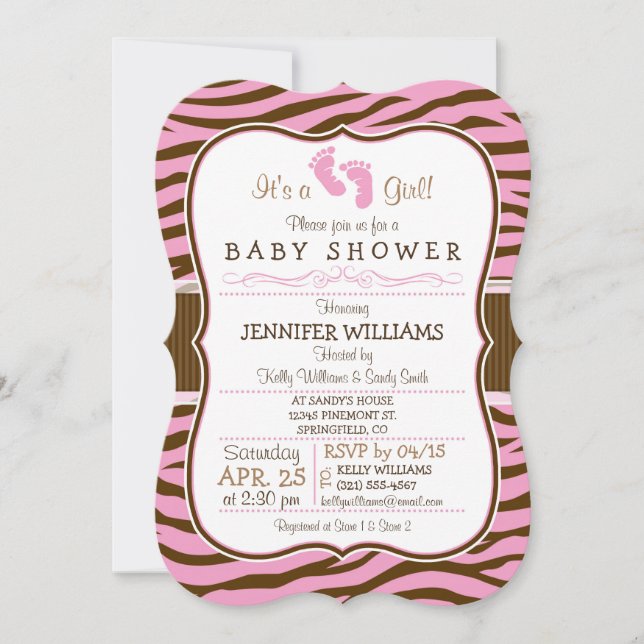 Invitación Estaciones de cebra marrón y rosa Baby Shower de i (Anverso)