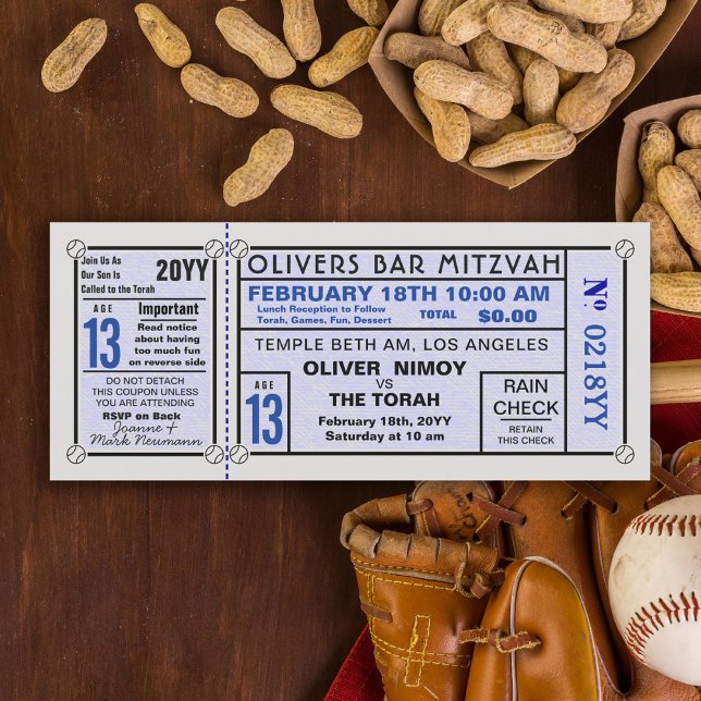 Invitación Estadio Vintage Ticket Béisbol Bar Mitzvah Blue (Subido por el creador)