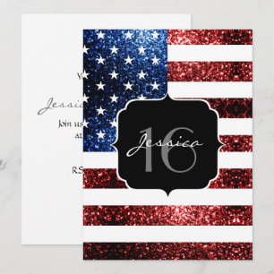 Invitación Estados Unidos bandera azul rojo chispas purpurina