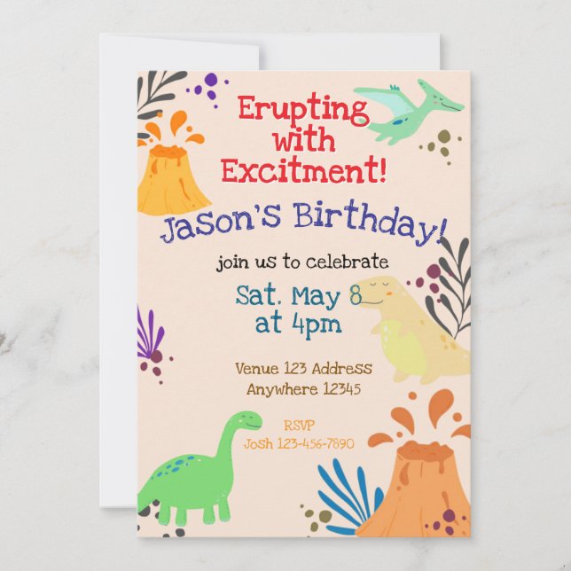 Invitación Estallando con Emoción Cumpleaños Dinosaurio Volcá (Anverso)