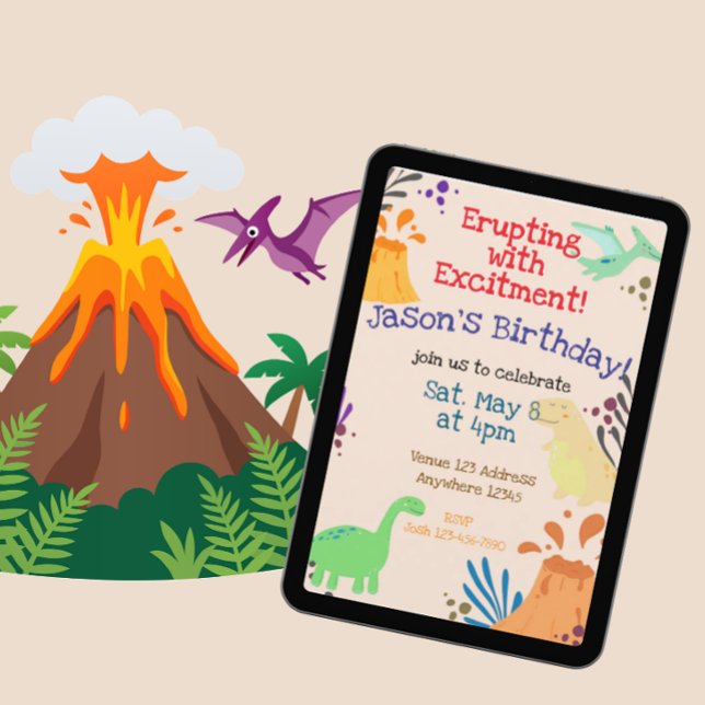 Invitación Estallando con Emoción Cumpleaños Dinosaurio Volcá (Subido por el creador)