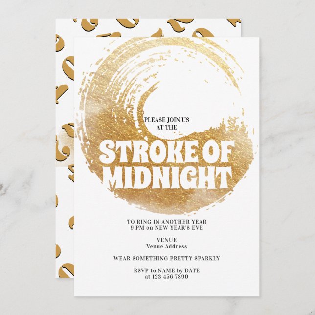 Invitación Estallido de Fiesta de medianoche Oro Negro Nochev (Anverso / Reverso)