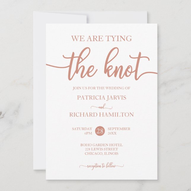Invitación Estamos Atando El Nudo Rosa Dorado Bodas Con Letra (Anverso)