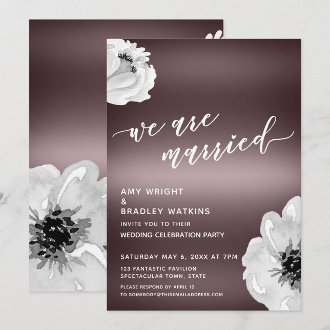 Invitación Estamos casados con flores en oro rosa (Anverso / Reverso)