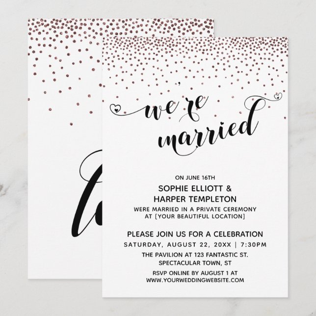 Invitación Estamos Casados Guión Rosa Dorado Confeti Recepció (Anverso / Reverso)