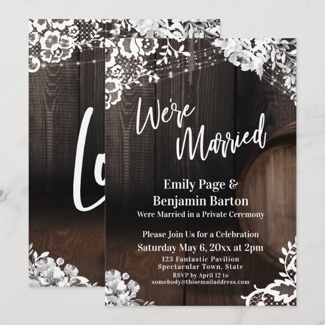 Invitación Estamos Casados Luces de Barril de Madera Rústica  (Anverso / Reverso)