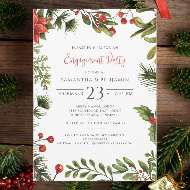 Invitación Estamos comprometidos con el Partido de Compromiso (Christmas Botanical Red Berries Party Invitation)