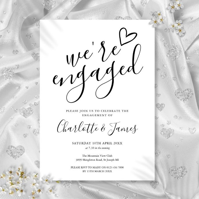Invitación Estamos comprometidos Fiesta de compromiso negro y (We're Engaged Engagement Party Black And White Invitation)