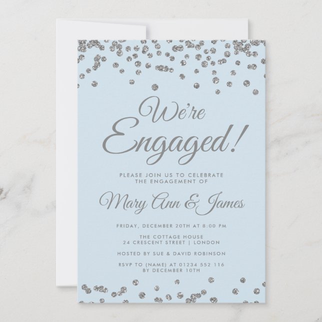 Invitación ¡Estamos comprometidos! Purpurina plateado Confett (Anverso)